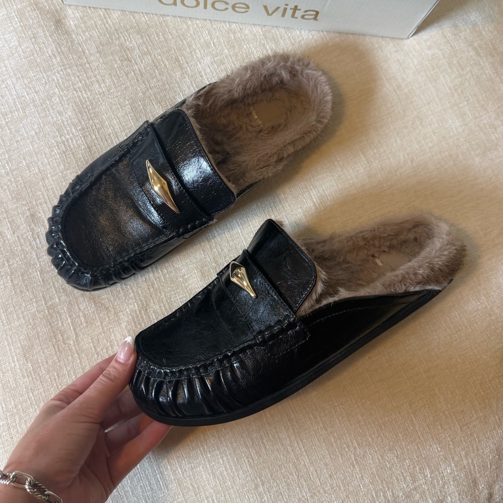 Dolce Vita Jordero Black Patent Plush Mule Loafers
